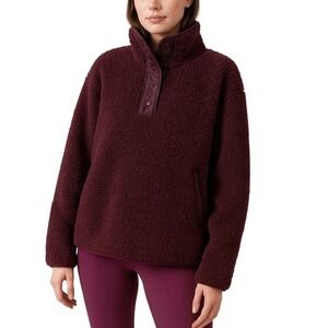 Athleta Cozy Sherpa‎ Fleece Pullover Snap Neck Quilted Trim Burgundy XL